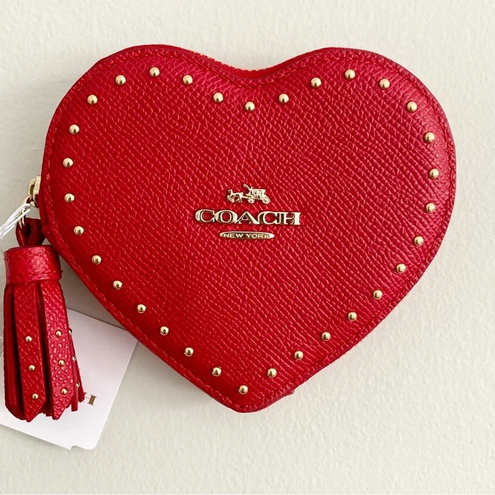 Coach Red Heart Studded Cardholder Coin Purse NWT